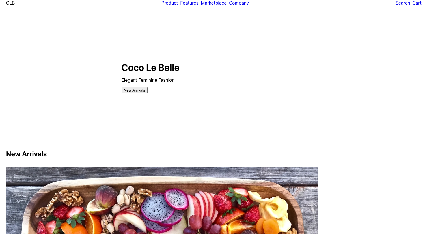 The landing page with a New Arrivals showing a single card with no layout styling.